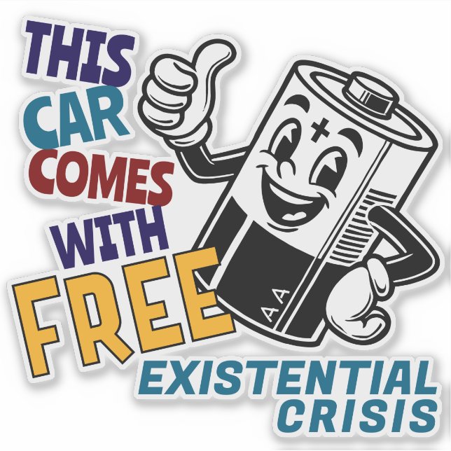 Tesla Regret Bumper Cartoon Battery Sticker (Front)