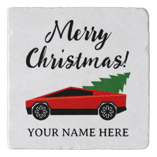 Tesla truck hauling a Christmas tree custom Trivet