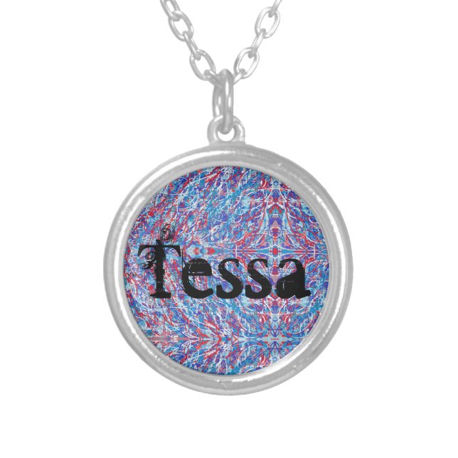 Tessa name blue abstract art marble silver plated necklace (Front)