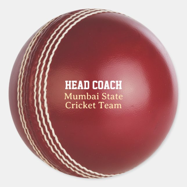Test Match Red Cricket Ball with Custom Text Classic Round Sticker (Front)