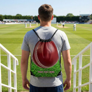 Test Match Red Cricket Ball with Custom Text Drawstring Bag