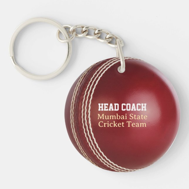Test Match Red Cricket Ball with Custom Text Keychain (Front)