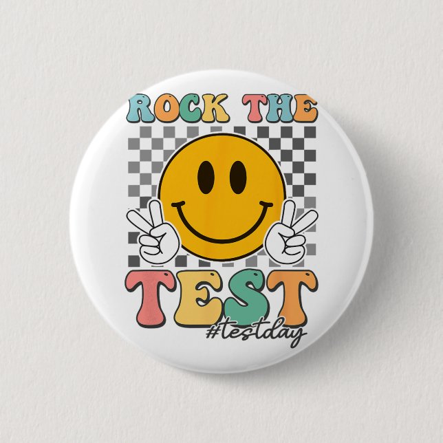 Testing Day Groovy Smile Checkered Rock The Test  Button (Front)