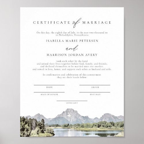 TETON National Park Marriage Certificate Keepsake Poster