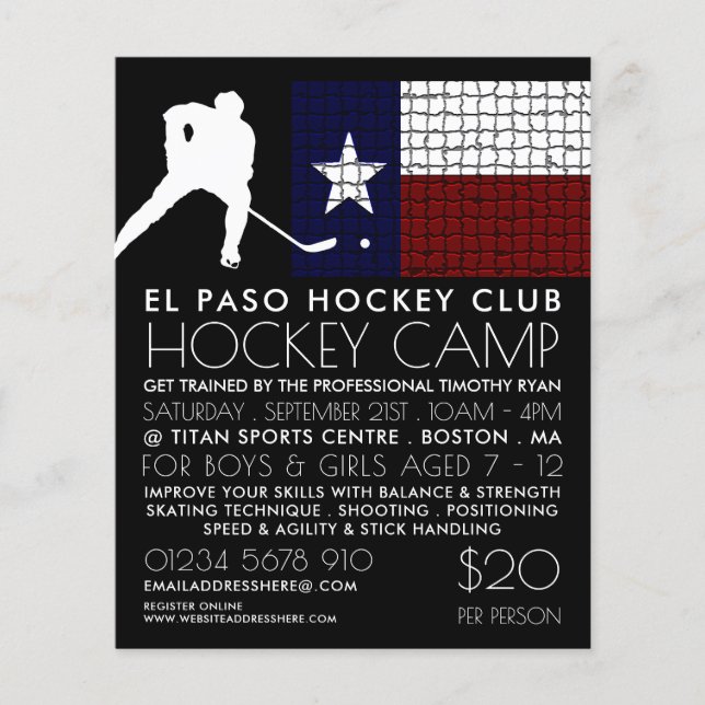 Texan Flag, Hockey Player, Camp Advertising  Flyer (Front)