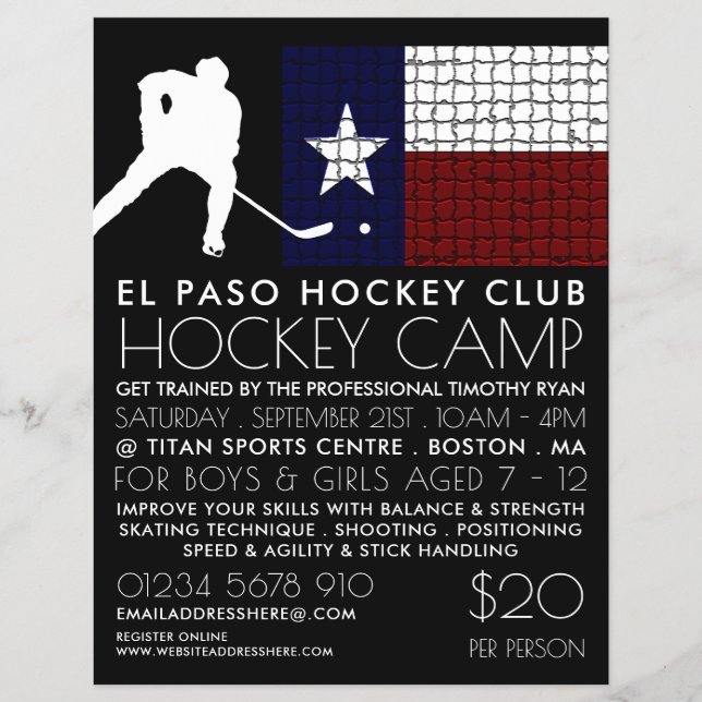 Texan Flag, Hockey Player, Camp Advertising  Flyer (Front)