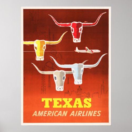 TEXAS AMERICA Austin Longhorns Vintage Airlines Poster