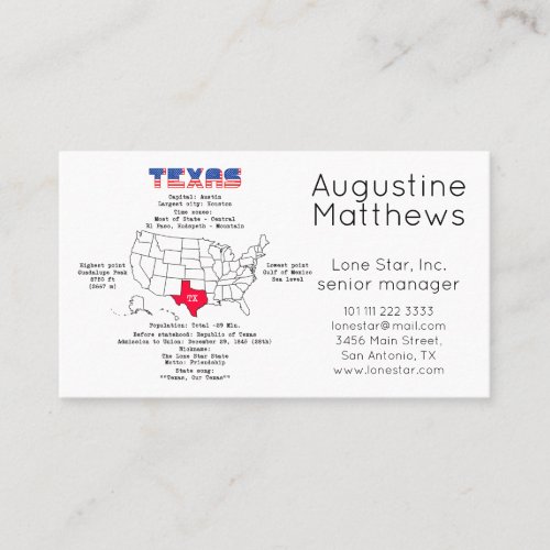 Texas American state on a map and useful info Business Card