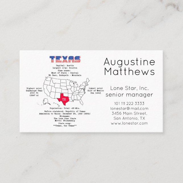 Texas American state on a map and useful info Business Card (Front)