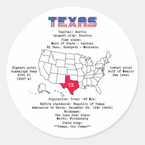 Texas American state on a map and useful info Classic Round Sticker