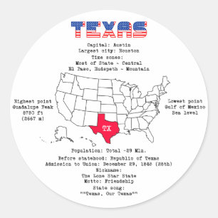 Texas American state on a map and useful info Classic Round Sticker