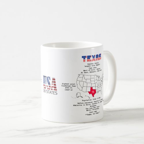 Texas American state on a map and useful info Coffee Mug