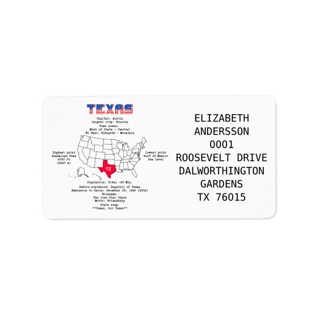 Texas American state on a map and useful info Label (Front)