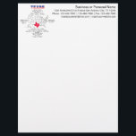 Texas American state on a map and useful info Letterhead<br><div class="desc">Texas. The state of the United States of America. Marked red on the USA map. Useful info about the capital, the largest city, the time zone, as well as about the highest and the lowest points. The number of the population, state's name before statehood and the date of admission to...</div>