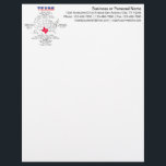 Texas American state on a map and useful info Letterhead<br><div class="desc">Texas. The state of the United States of America. Marked red on the USA map. Useful info about the capital, the largest city, the time zone, as well as about the highest and the lowest points. The number of the population, state's name before statehood and the date of admission to...</div>