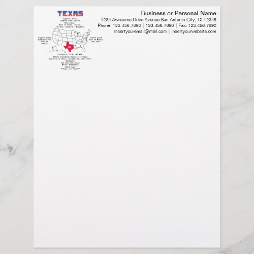 Texas American state on a map and useful info Letterhead