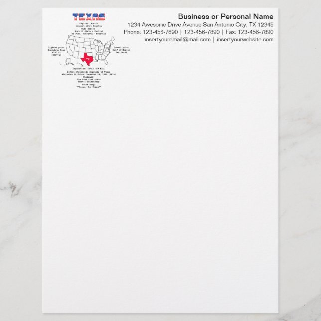Texas American state on a map and useful info Letterhead (Front)