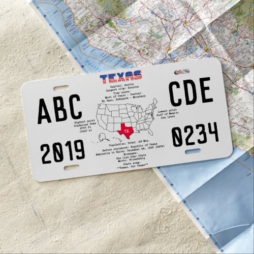 Texas American state on a map and useful info License Plate