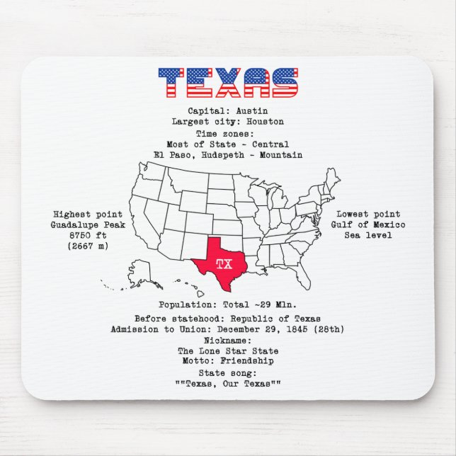 Texas American state on a map and useful info Mouse Pad (Front)