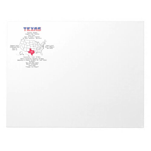 Texas American state on a map and useful info Notepad
