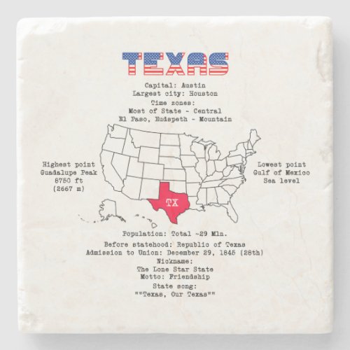 Texas American state on a map and useful info Stone Coaster