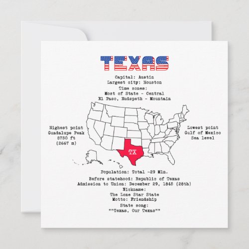 Texas American state on a map and useful info Thank You Card