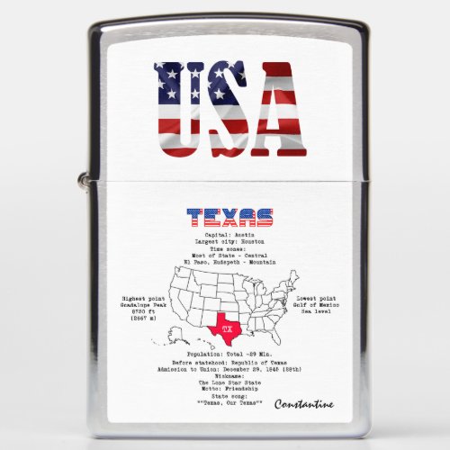 Texas American state on a map and useful info Zippo Lighter