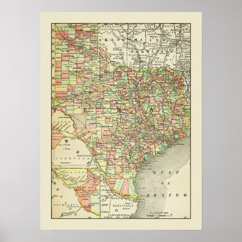 Texas Antique Map Towns  Counties Travel Poster