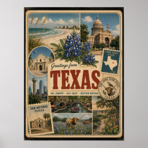 Texas Authentic Vintage Style Postcard Poster