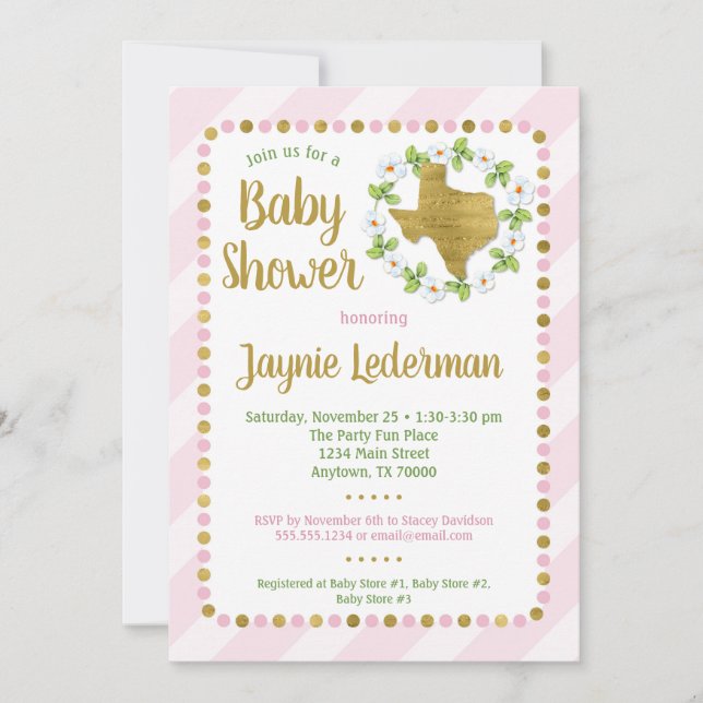 Texas Baby Shower Invitation Pink Gold Girls (Front)