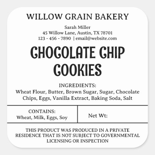 Texas Bakery Cottage Law Food Licence Label