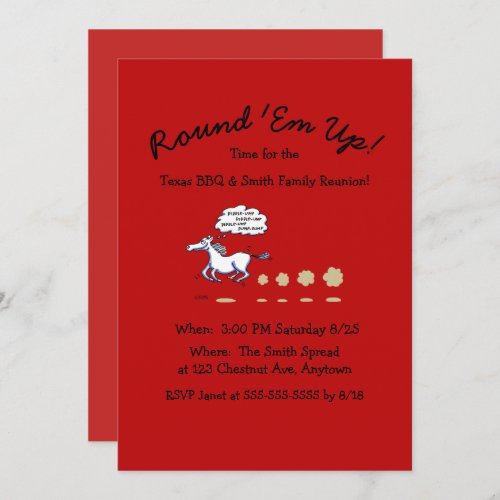 Texas BBQ Family Reunion Cartoon Horse Invitation