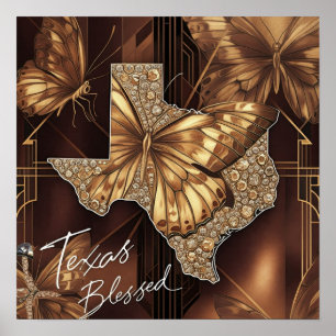 Texas Blessed: Golden Butterfly Art Deco Collage Poster