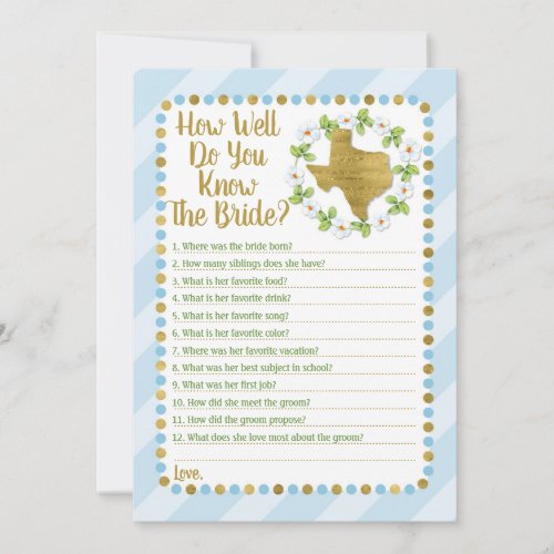 Texas Blue How Well Do You Know The Bride Game Invitation