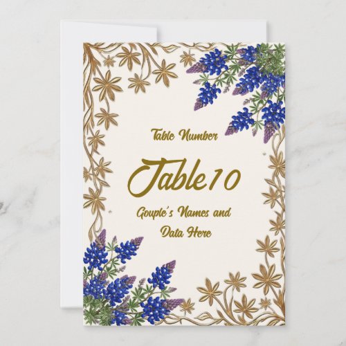 Texas Bluebonnet Floral Gold Wedding Table Number