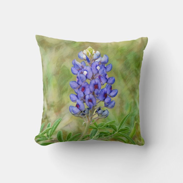 Texas Bluebonnet Flower Blue Green Art Pillow (Front)