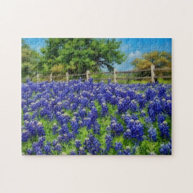 Texas Bluebonnet Flowers Country Fence Art Puzzle (Horizontal)
