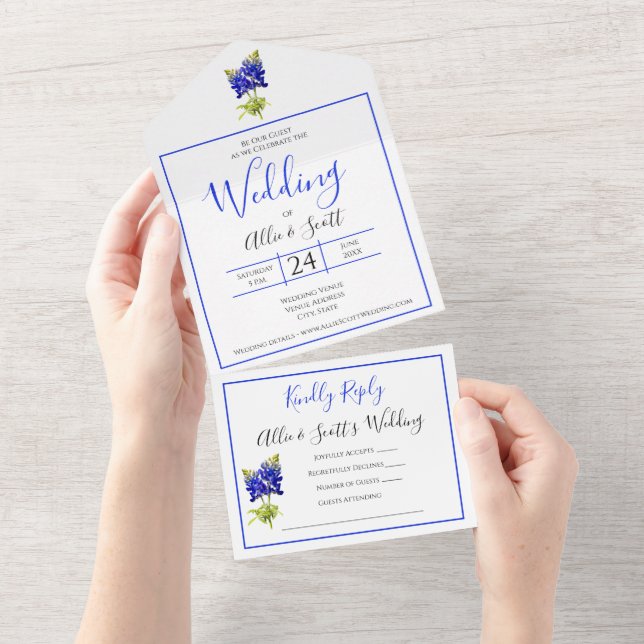 Texas Bluebonnet Flowers, Modern Wedding All In One Invitation (Tearaway)