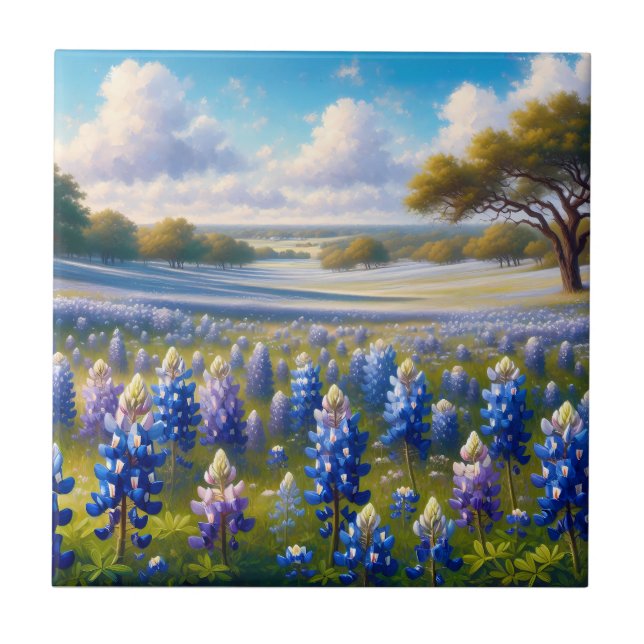 Texas Bluebonnet Meadow Landscape Ceramic Tile (Front)