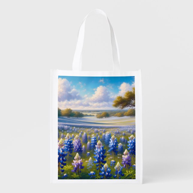Texas Bluebonnet Meadow Landscape Grocery Bag (Front)