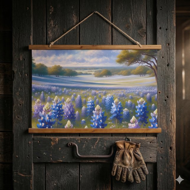 Texas Bluebonnet Meadow Landscape Hanging Tapestry (Texas Bluebonnet Meadow Landscape Hanging Tapestry On Dark Wood)