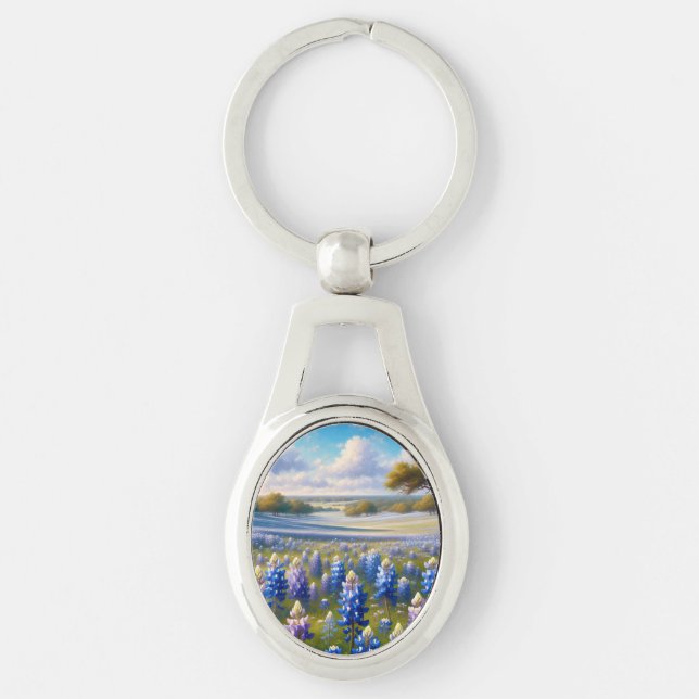 Texas Bluebonnet Meadow Landscape Keychain (Front)