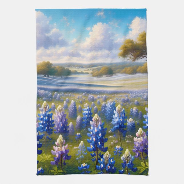 Texas Bluebonnet Meadow Landscape Kitchen Towel (Vertical)