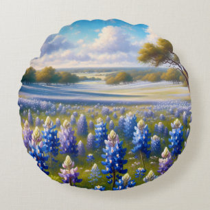 Texas Bluebonnet Meadow Landscape Round Pillow