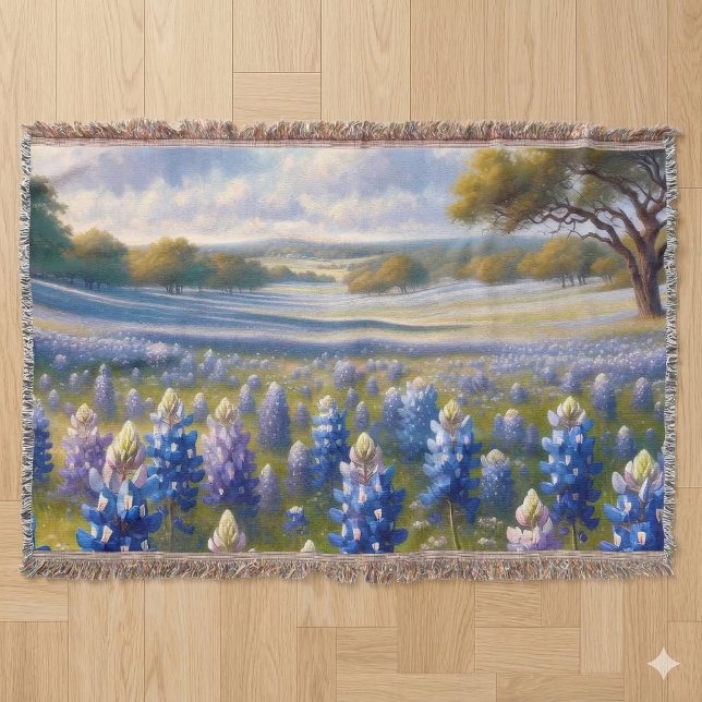 Texas Bluebonnet Meadow Landscape Throw Blanket (Texas Bluebonnet Meadow Landscape Throw Blanket Laid Flat)