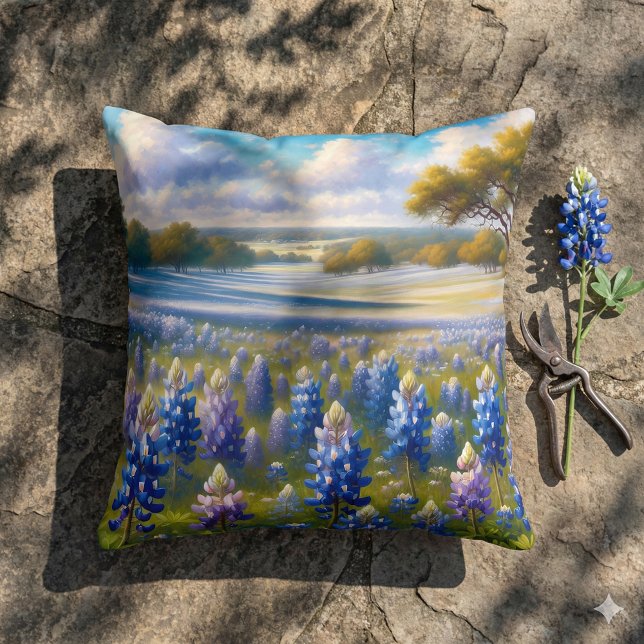 Texas Bluebonnet Meadow Landscape Throw Pillow (Texas Bluebonnet Meadow Landscape Throw Pillow Mockup A)