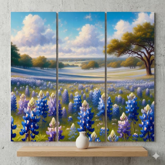 Texas Bluebonnet Meadow Landscape Triptych (Texas Bluebonnet Meadow Landscape Triptych Hanging Above Shelf)