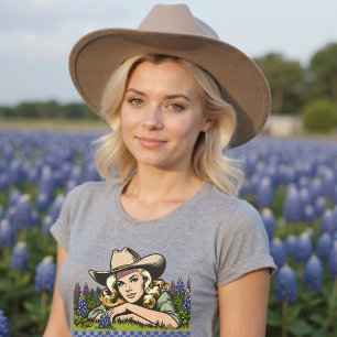 Texas Bluebonnet Season Blonde Retro Cowgirl T-Shirt