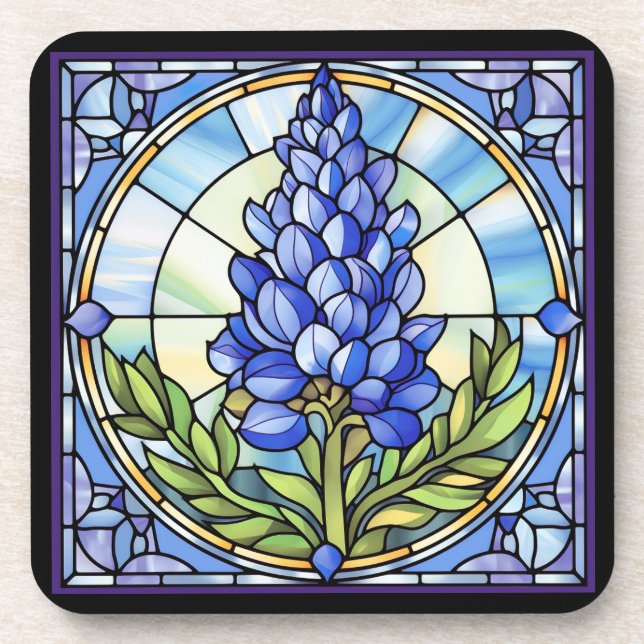 Texas Bluebonnet Stained Glass Beverage Coaster (Front)