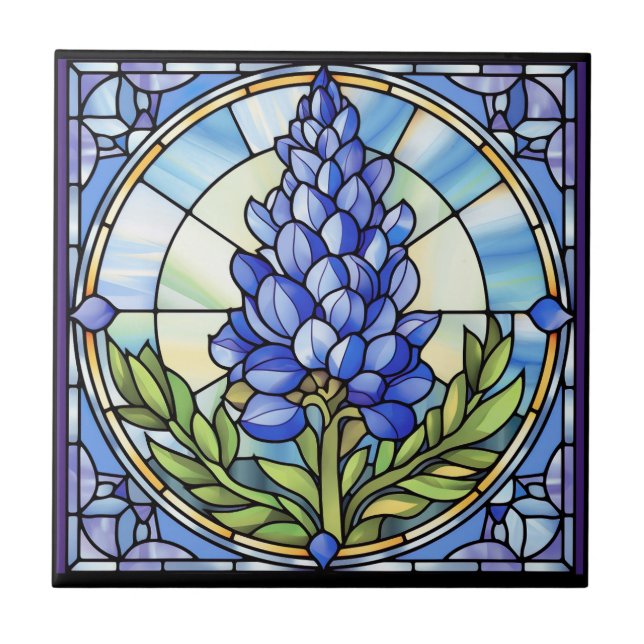 Texas Bluebonnet Stained Glass Ceramic Tile (Front)